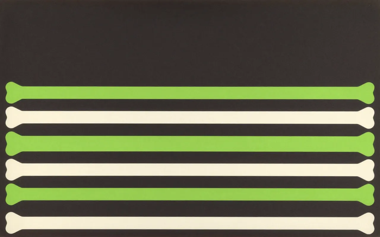 An abstract composition printed flat in deep charcoal, bone white, warm mid grey and bright electric lime green: six horizontal bands of differing thickness stacked from the bottom edge upward, thickest at the bottom, with a wide empty field above them.