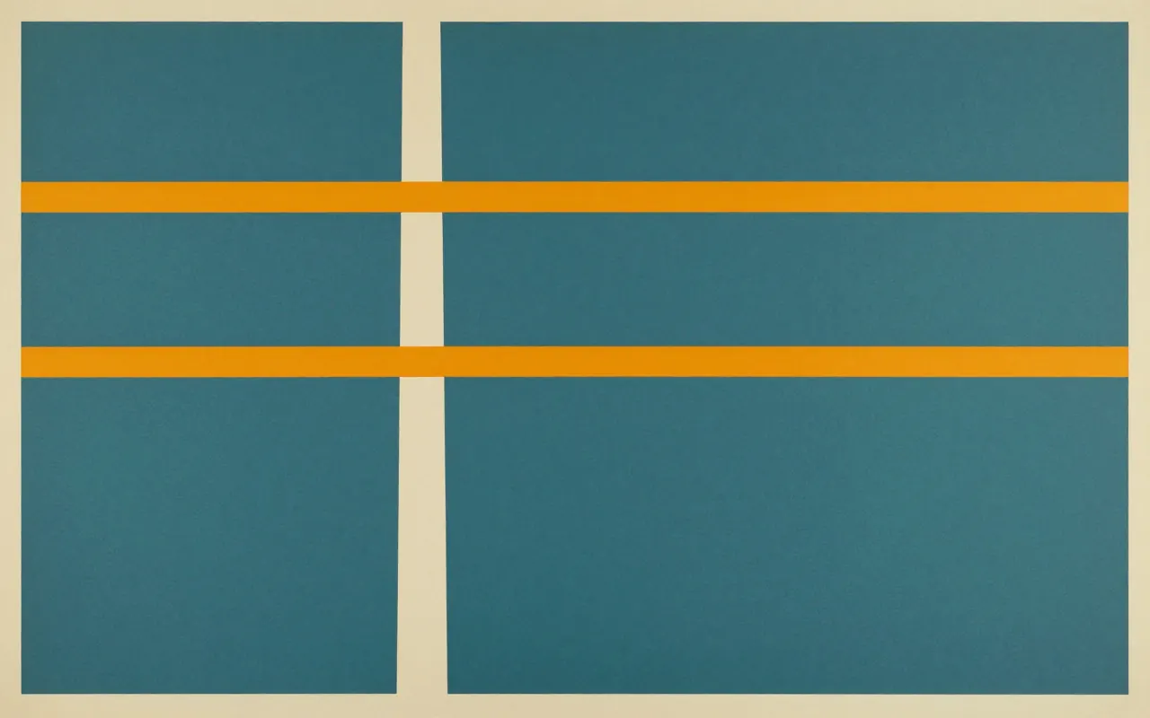 An abstract composition printed flat in deep teal, pale sand, muted slate blue and bright marigold orange: one tall narrow column standing on the bottom edge and reaching almost to the top, with three short horizontal bars crossing it at uneven heights, the rest of the frame one flat empty field.
