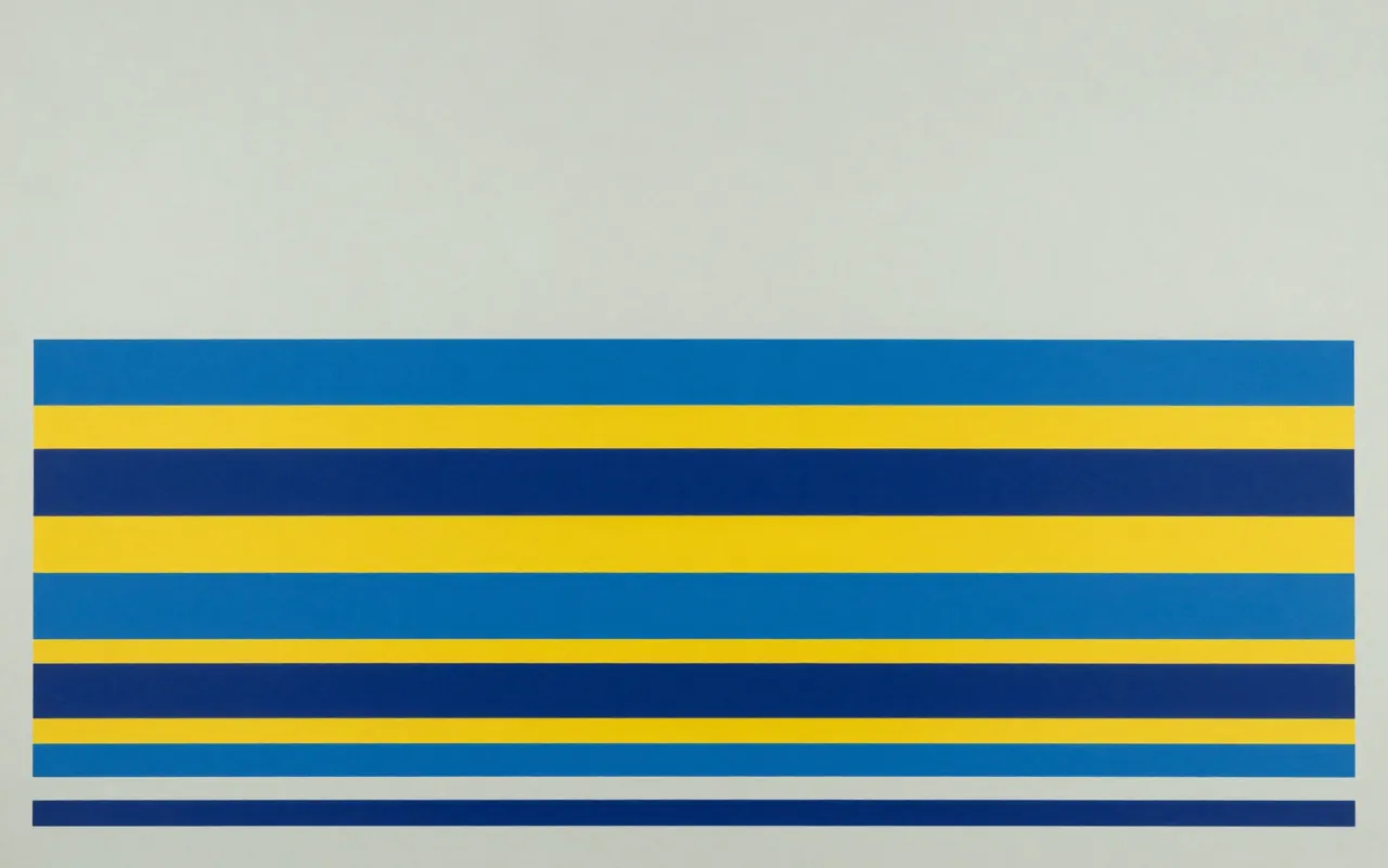 An abstract composition printed flat in pale cool grey, steel blue, deep navy and bright mustard yellow: six horizontal bands of differing thickness stacked from the bottom edge upward, thickest at the bottom, with a wide empty field above them.