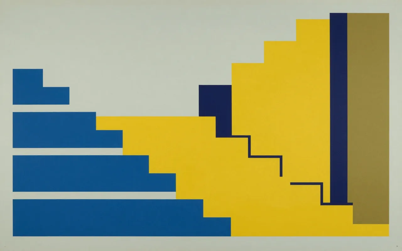 An abstract composition printed flat in pale cool grey, steel blue, deep navy and bright mustard yellow: a staircase of five rectangles of increasing height stepping up from the lower left towards the upper right, each overlapping the next, a wide empty field above them.