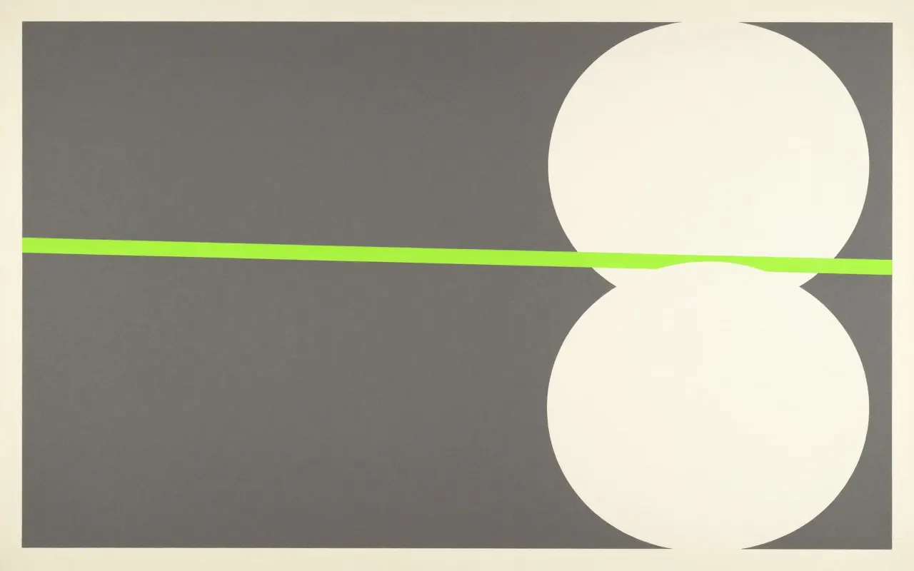 An abstract composition printed flat in deep charcoal, bone white, warm mid grey and bright electric lime green: two large circles overlapping near the right edge, one of them cropped by the frame, a thin bar passing behind both of them, the left two thirds an empty flat field.