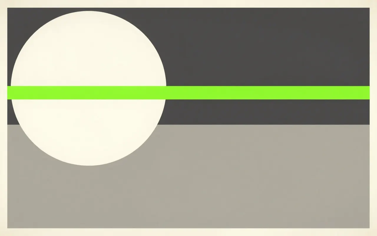 An abstract composition printed flat in deep charcoal, bone white, warm mid grey and bright electric lime green: one large quarter circle anchored in the top left corner and a single straight bar running clear across it from the left edge to the right, the rest one flat field.