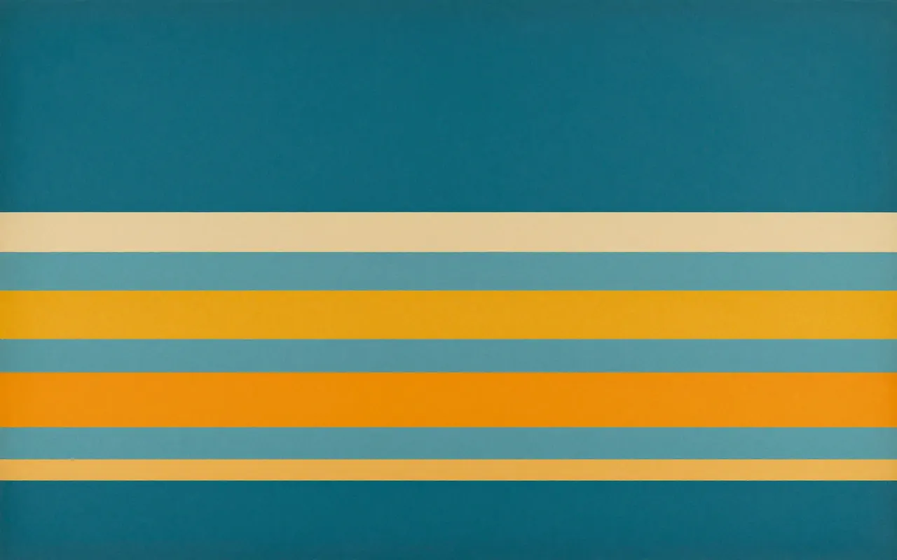 An abstract composition printed flat in deep teal, pale sand, muted slate blue and bright marigold orange: six horizontal bands of differing thickness stacked from the bottom edge upward, thickest at the bottom, with a wide empty field above them.
