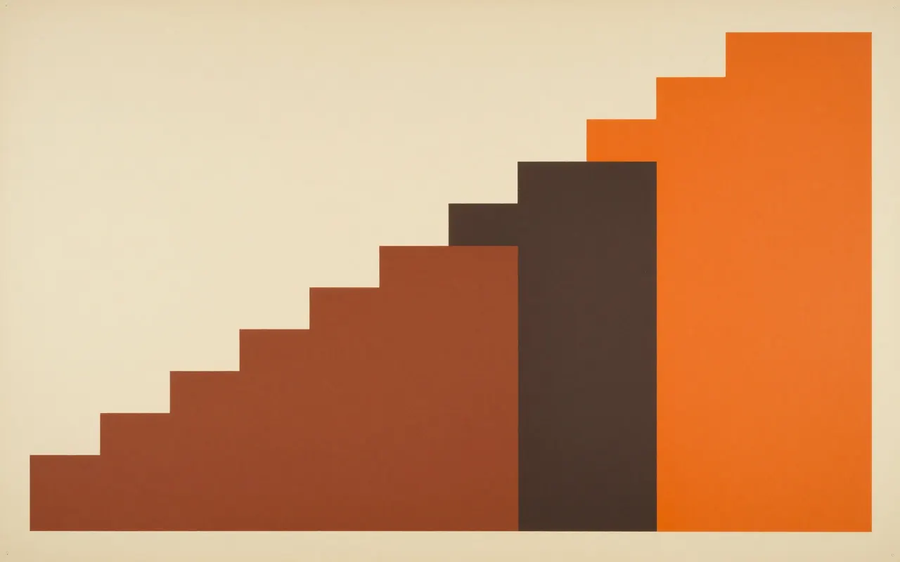An abstract composition printed flat in warm cream, burnt terracotta, deep charcoal and bright tangerine orange: a staircase of five rectangles of increasing height stepping up from the lower left towards the upper right, each overlapping the next, a wide empty field above them.