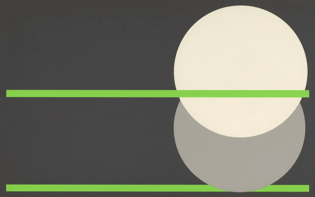 An abstract composition printed flat in deep charcoal, bone white, warm mid grey and bright electric lime green: two large circles overlapping near the right edge, one of them cropped by the frame, a thin bar passing behind both of them, the left two thirds an empty flat field.