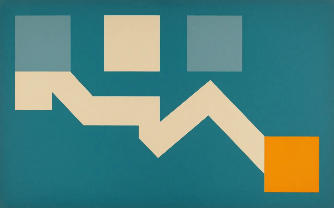 An abstract composition printed flat in deep teal, pale sand, muted slate blue and bright marigold orange: one thick line made of four straight segments turning at right angles as it crosses from the left edge down to the lower right, with a small square at each turn.