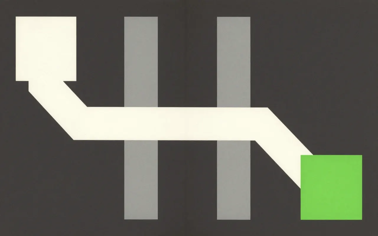 An abstract composition printed flat in deep charcoal, bone white, warm mid grey and bright electric lime green: one thick line made of four straight segments turning at right angles as it crosses from the left edge down to the lower right, with a small square at each turn.