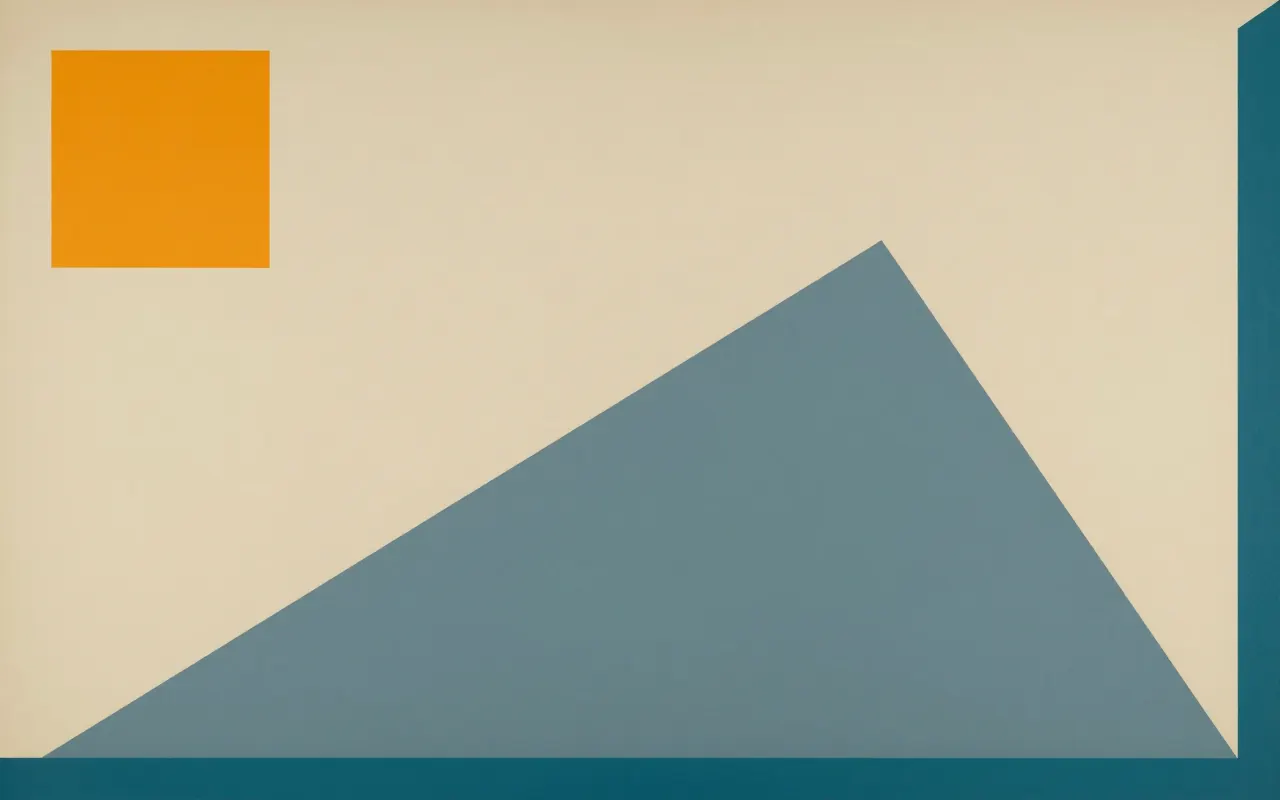 An abstract composition printed flat in deep teal, pale sand, muted slate blue and bright marigold orange: one enormous triangle filling the lower right and cropped by two edges, and a single small square stranded alone in the empty upper left.