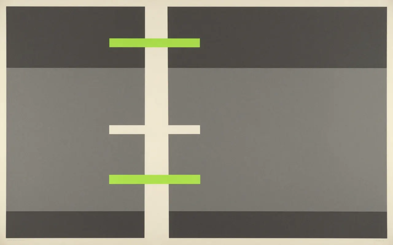 An abstract composition printed flat in deep charcoal, bone white, warm mid grey and bright electric lime green: one tall narrow column standing on the bottom edge and reaching almost to the top, with three short horizontal bars crossing it at uneven heights, the rest of the frame one flat empty field.