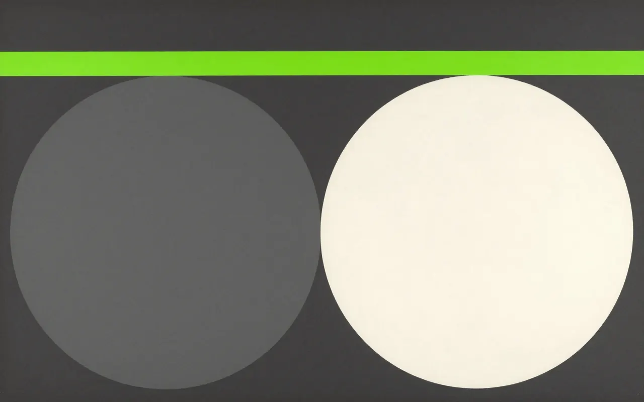 An abstract composition printed flat in deep charcoal, bone white, warm mid grey and bright electric lime green: two large circles overlapping near the right edge, one of them cropped by the frame, a thin bar passing behind both of them, the left two thirds an empty flat field.