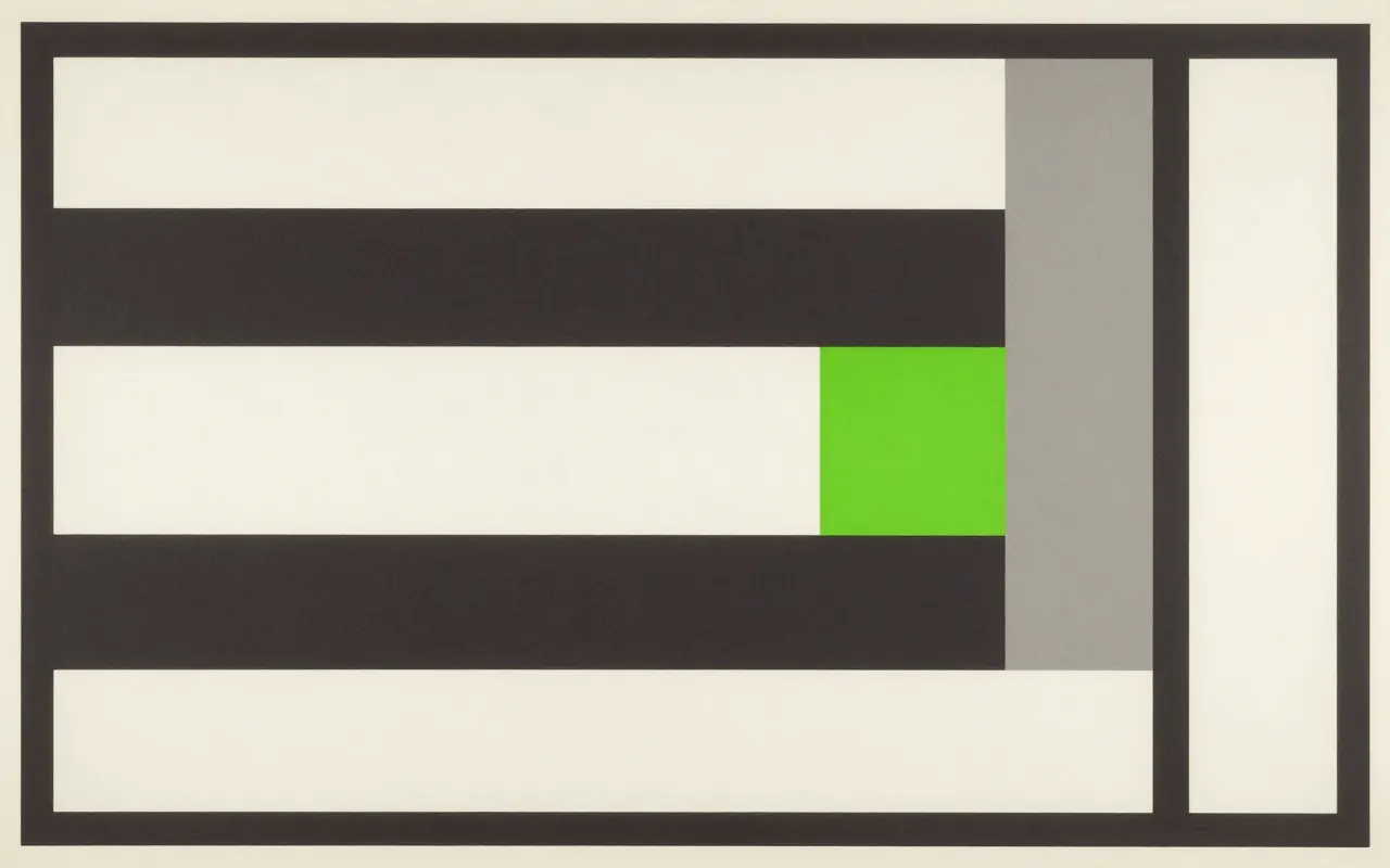 An abstract composition printed flat in deep charcoal, bone white, warm mid grey and bright electric lime green: two long straight edges running in from the left and the right and narrowing towards a single small square at the centre right, the space between them empty.