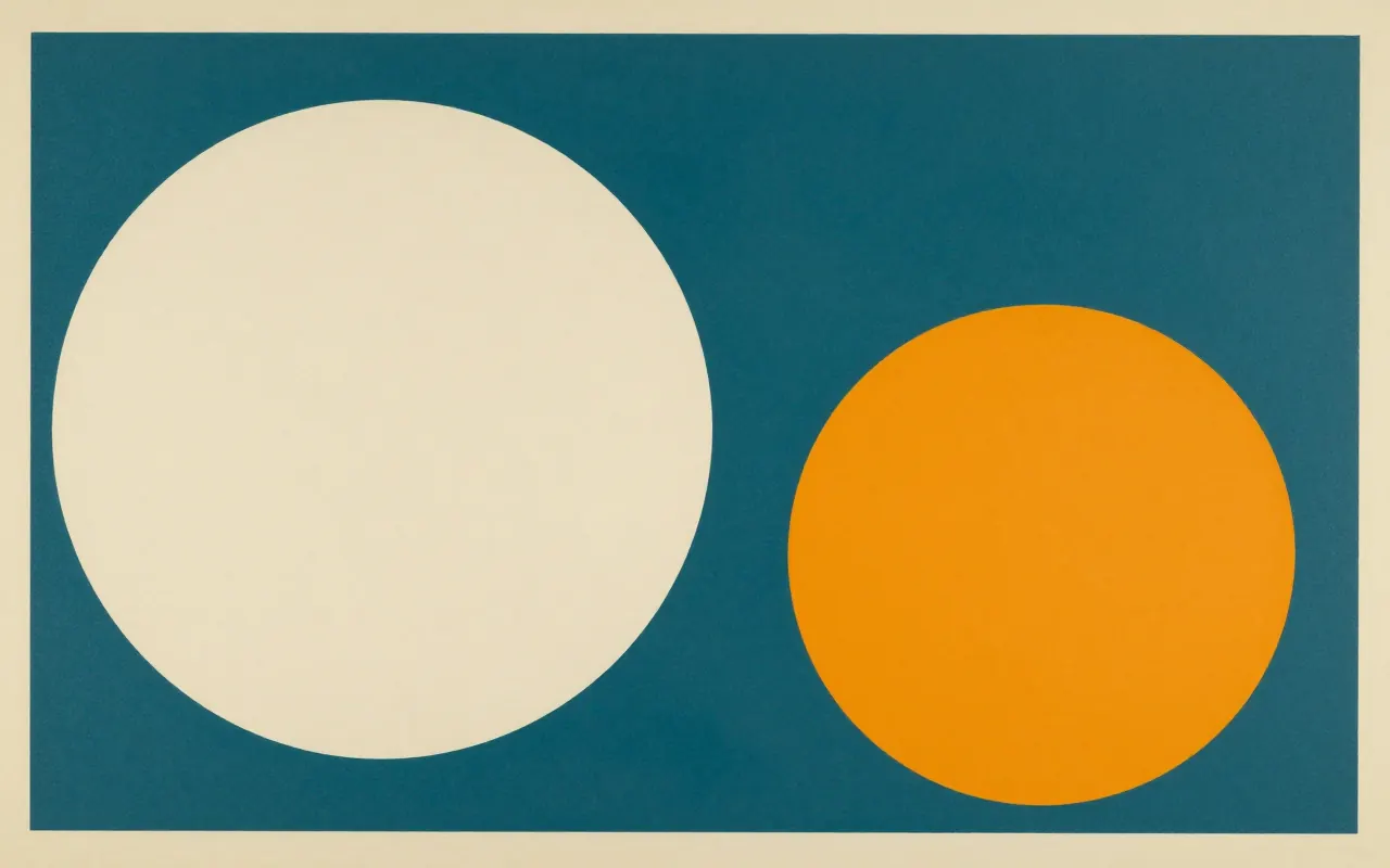 An abstract composition printed flat in deep teal, pale sand, muted slate blue and bright marigold orange: the frame divided by one hard vertical edge slightly left of centre into two flat fields, with a large circle in one half and a small circle in the other.
