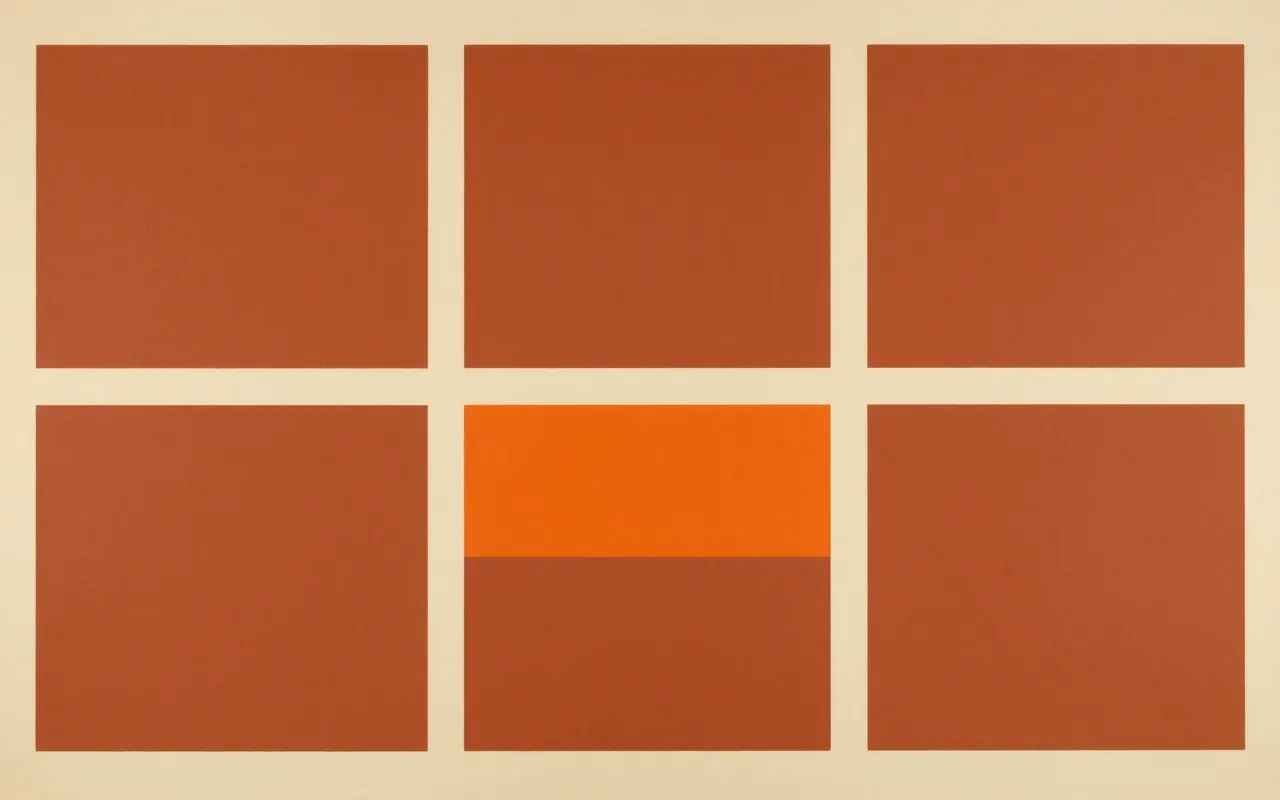 An abstract composition printed flat in warm cream, burnt terracotta, deep charcoal and bright tangerine orange: a four by three grid of equal squares with even gutters, one square left out entirely so the flat ground shows through the gap.