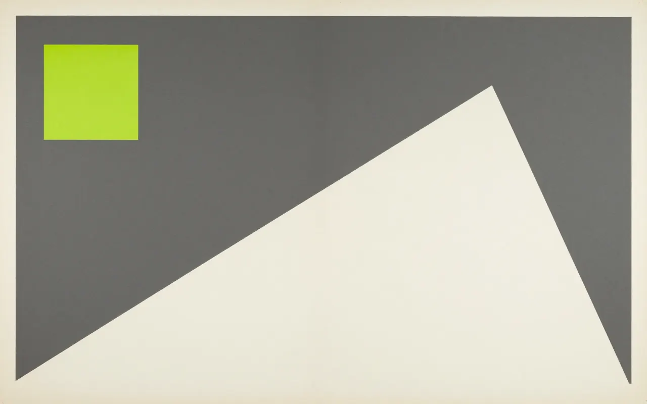 An abstract composition printed flat in deep charcoal, bone white, warm mid grey and bright electric lime green: one enormous triangle filling the lower right and cropped by two edges, and a single small square stranded alone in the empty upper left.