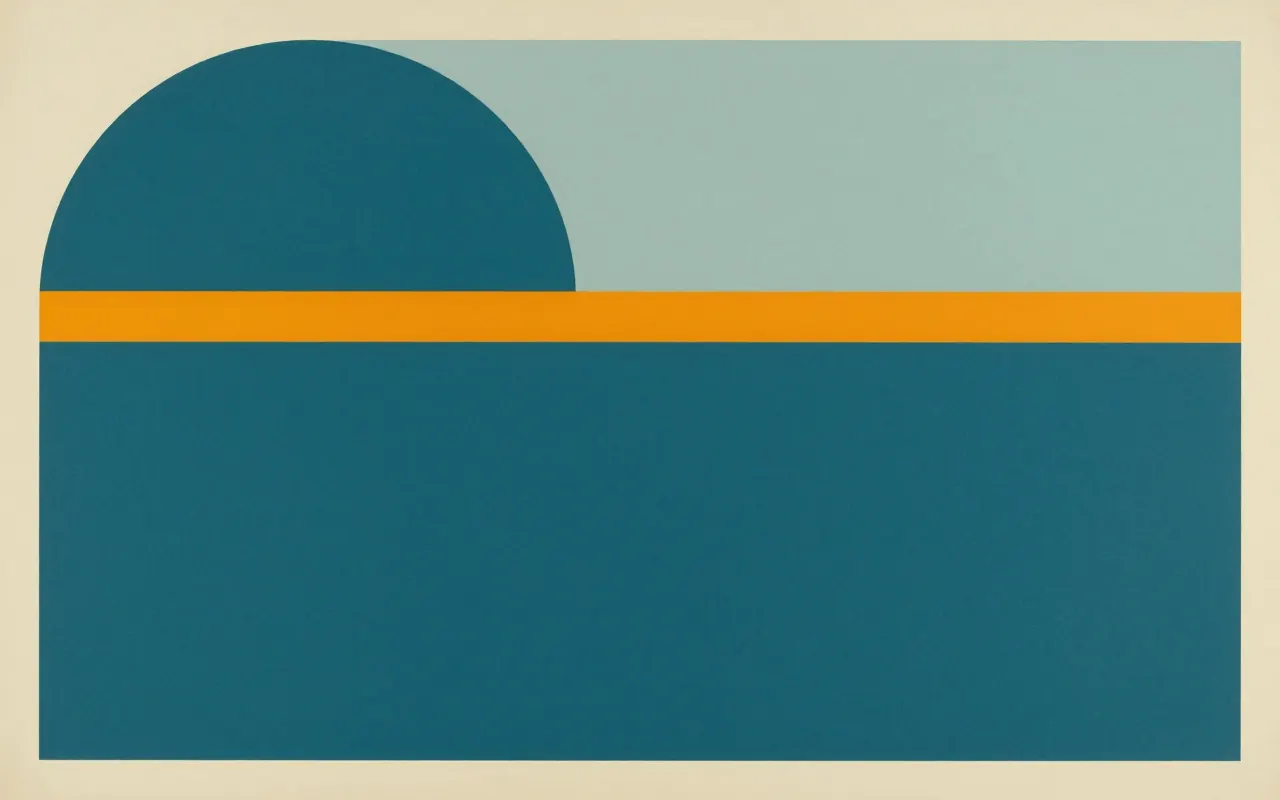 An abstract composition printed flat in deep teal, pale sand, muted slate blue and bright marigold orange: one large quarter circle anchored in the top left corner and a single straight bar running clear across it from the left edge to the right, the rest one flat field.