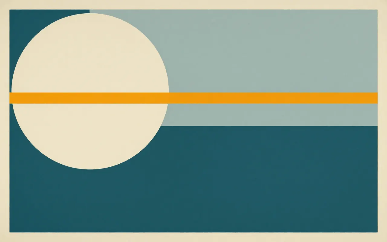 An abstract composition printed flat in deep teal, pale sand, muted slate blue and bright marigold orange: one large quarter circle anchored in the top left corner and a single straight bar running clear across it from the left edge to the right, the rest one flat field.