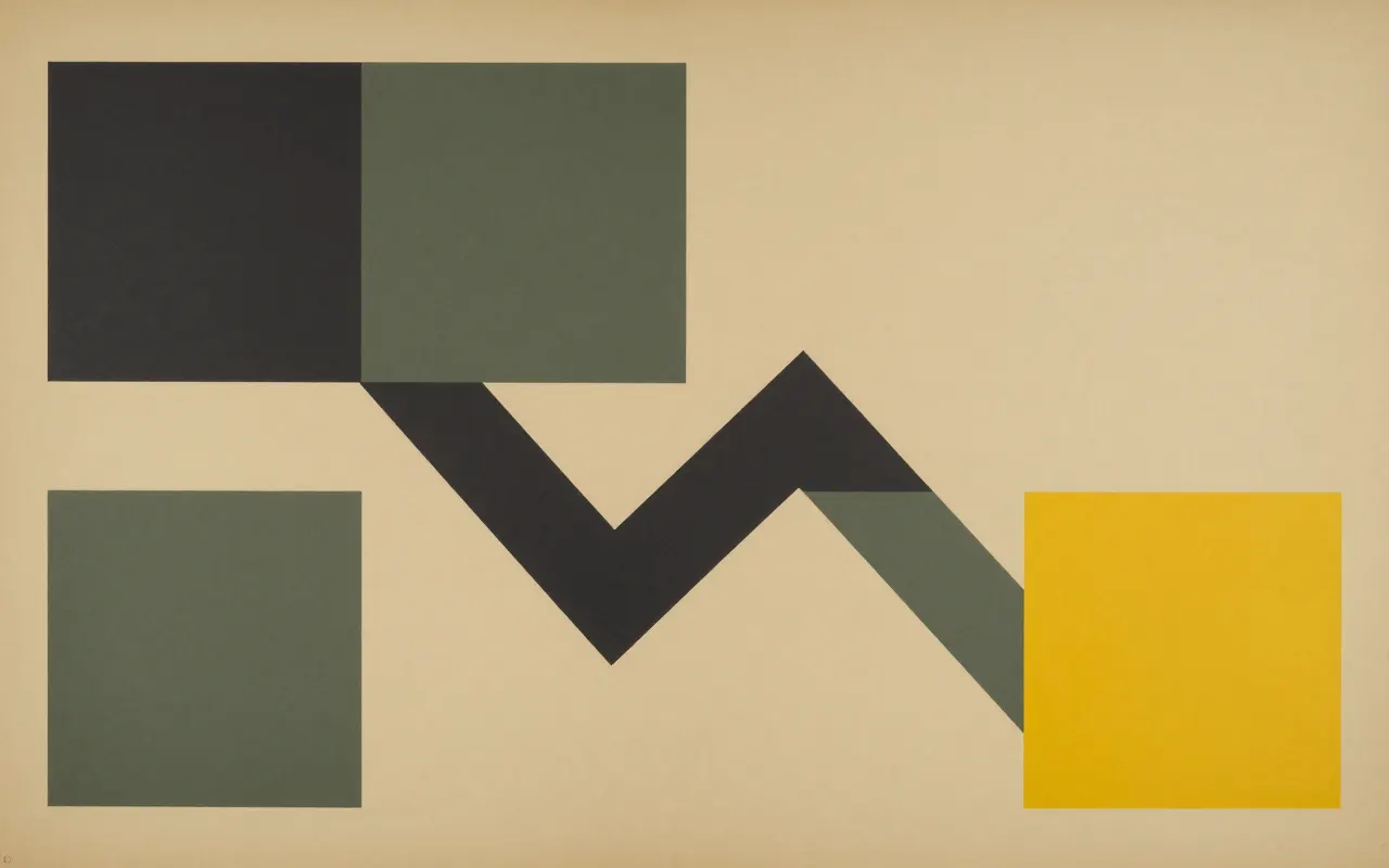 An abstract composition printed flat in warm sand, deep charcoal, soft olive and bright ochre yellow: one thick line made of four straight segments turning at right angles as it crosses from the left edge down to the lower right, with a small square at each turn.