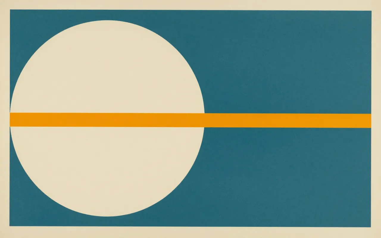 An abstract composition printed flat in deep teal, pale sand, muted slate blue and bright marigold orange: one large quarter circle anchored in the top left corner and a single straight bar running clear across it from the left edge to the right, the rest one flat field.