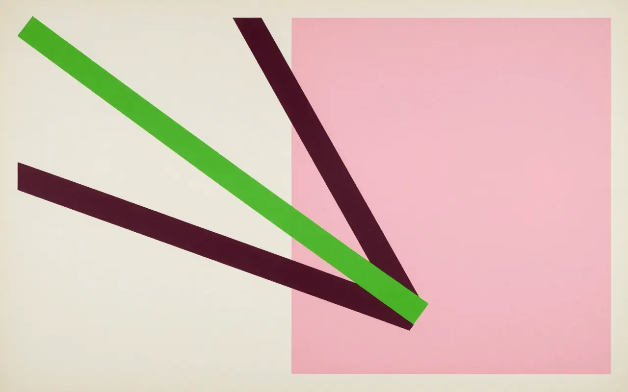 An abstract composition printed flat in bone white, deep plum, soft blush pink and bright electric lime green: one large square rotated to stand on its corner at the centre right, with three straight bars radiating away from it to the left at different angles.