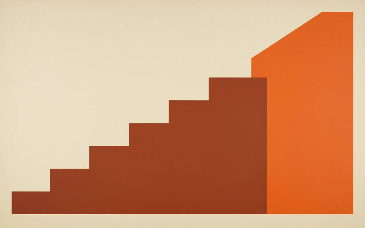 An abstract composition printed flat in warm cream, burnt terracotta, deep charcoal and bright tangerine orange: a staircase of five rectangles of increasing height stepping up from the lower left towards the upper right, each overlapping the next, a wide empty field above them.