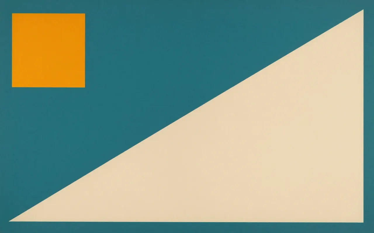 An abstract composition printed flat in deep teal, pale sand, muted slate blue and bright marigold orange: one enormous triangle filling the lower right and cropped by two edges, and a single small square stranded alone in the empty upper left.