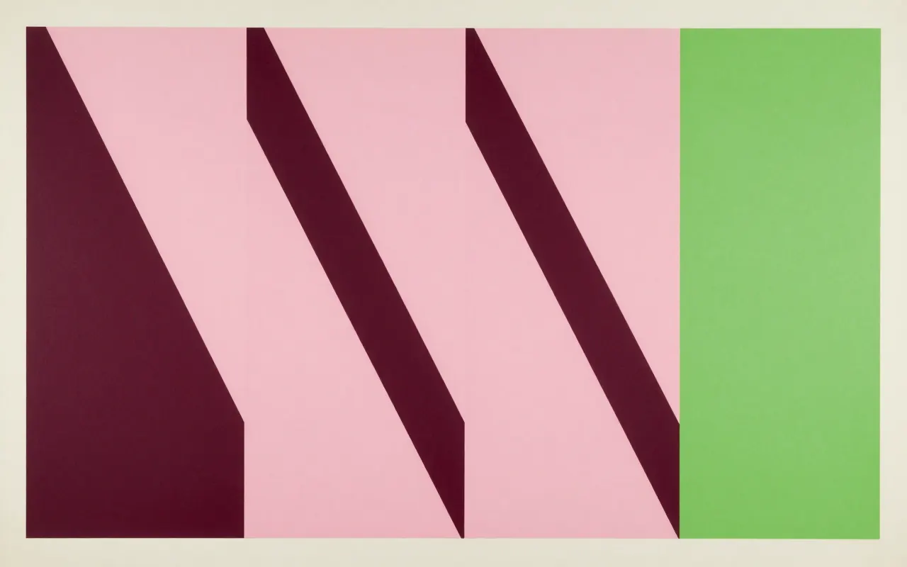 An abstract composition printed flat in bone white, deep plum, soft blush pink and bright electric lime green: one wide rectangle along the bottom edge breaking upward into four long wedges that fan apart as they rise, widening the gaps between them.