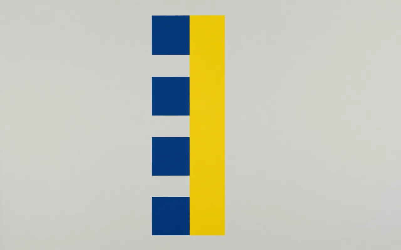 An abstract composition printed flat in pale cool grey, steel blue, deep navy and bright mustard yellow: one thick vertical bar as wide as a finger running the full height of the frame from top edge to bottom edge, standing just right of centre, with five small squares pressed against its left side and the space to its right completely empty.
