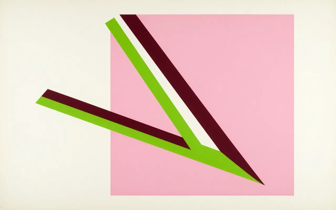 An abstract composition printed flat in bone white, deep plum, soft blush pink and bright electric lime green: one large square rotated to stand on its corner at the centre right, with three straight bars radiating away from it to the left at different angles.