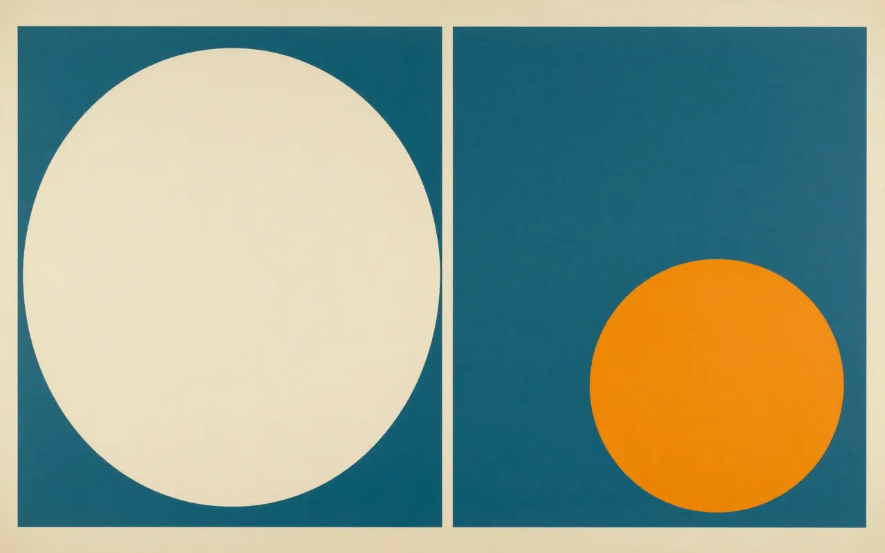An abstract composition printed flat in deep teal, pale sand, muted slate blue and bright marigold orange: the frame divided by one hard vertical edge slightly left of centre into two flat fields, with a large circle in one half and a small circle in the other.