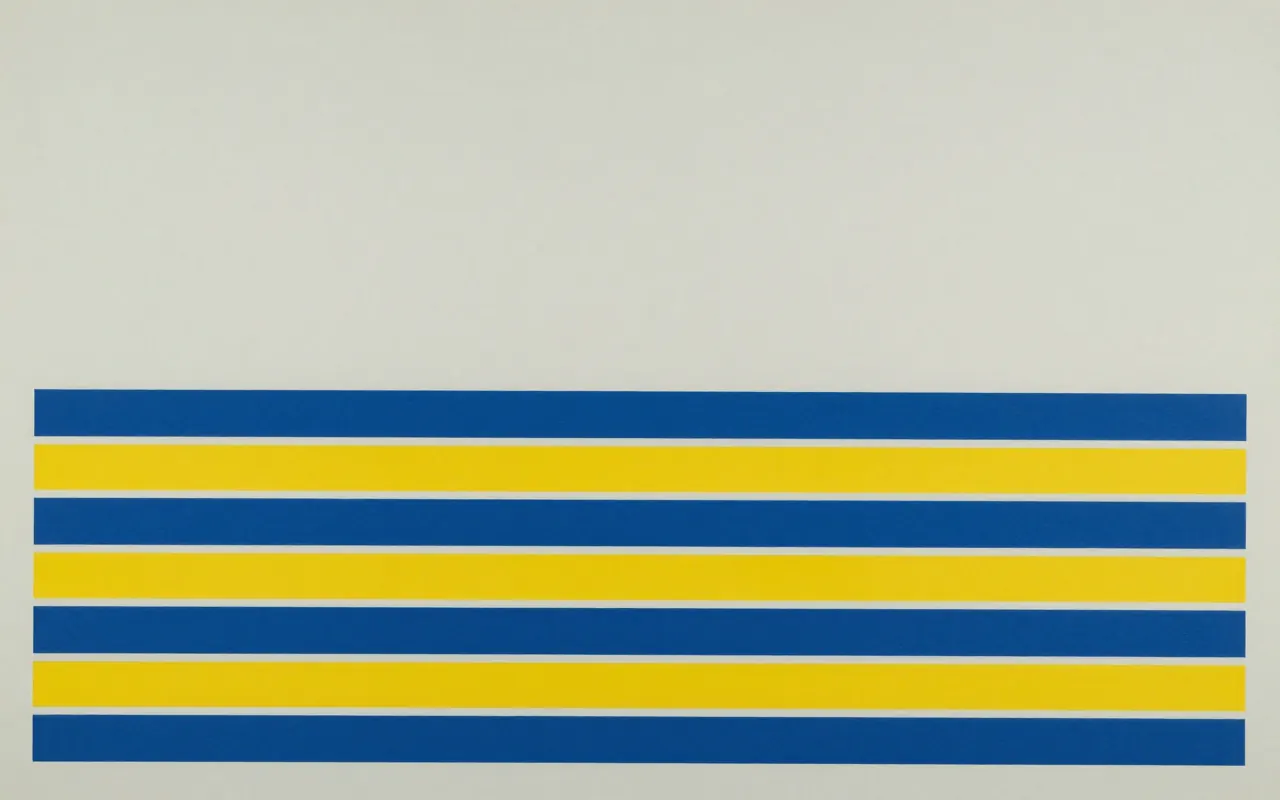 An abstract composition printed flat in pale cool grey, steel blue, deep navy and bright mustard yellow: six horizontal bands of differing thickness stacked from the bottom edge upward, thickest at the bottom, with a wide empty field above them.