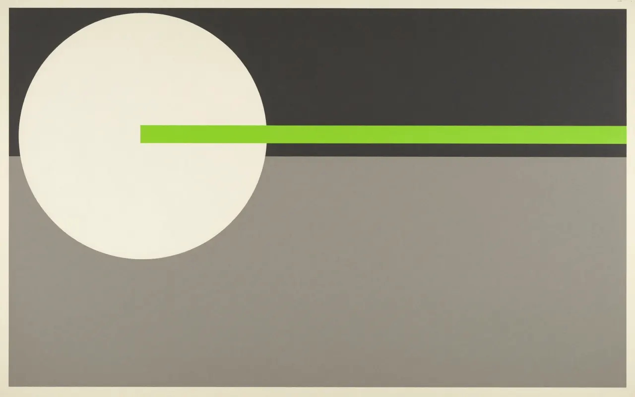 An abstract composition printed flat in deep charcoal, bone white, warm mid grey and bright electric lime green: one large quarter circle anchored in the top left corner and a single straight bar running clear across it from the left edge to the right, the rest one flat field.
