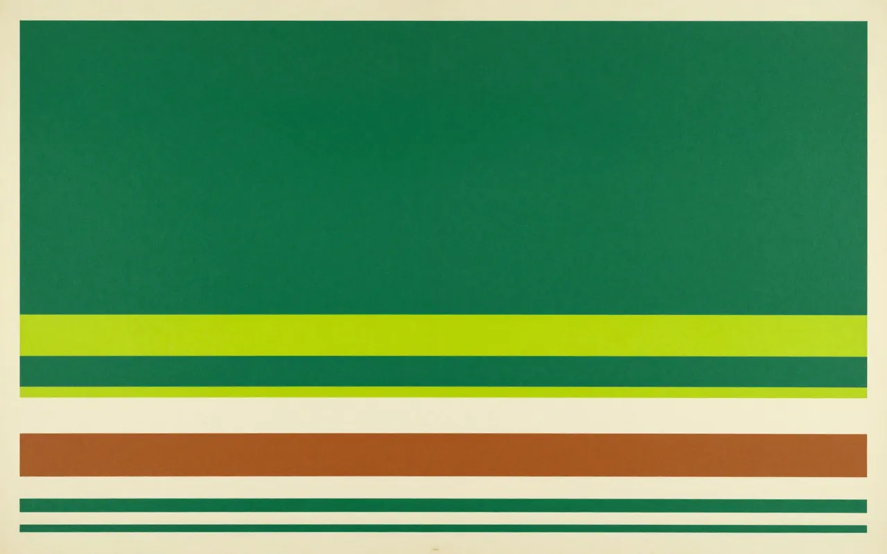 An abstract composition printed flat in deep pine green, cream, warm clay brown and bright electric lime green: six horizontal bands of differing thickness stacked from the bottom edge upward, thickest at the bottom, with a wide empty field above them.