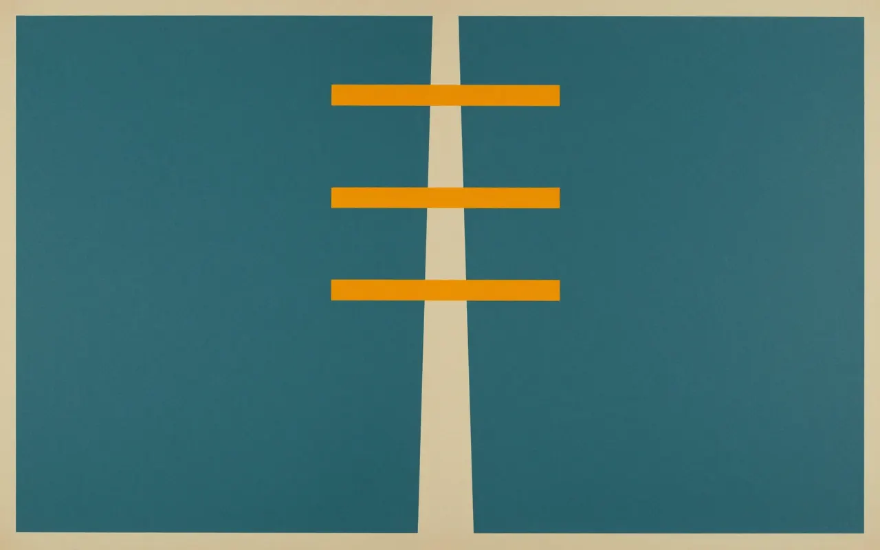 An abstract composition printed flat in deep teal, pale sand, muted slate blue and bright marigold orange: one tall narrow column standing on the bottom edge and reaching almost to the top, with three short horizontal bars crossing it at uneven heights, the rest of the frame one flat empty field.
