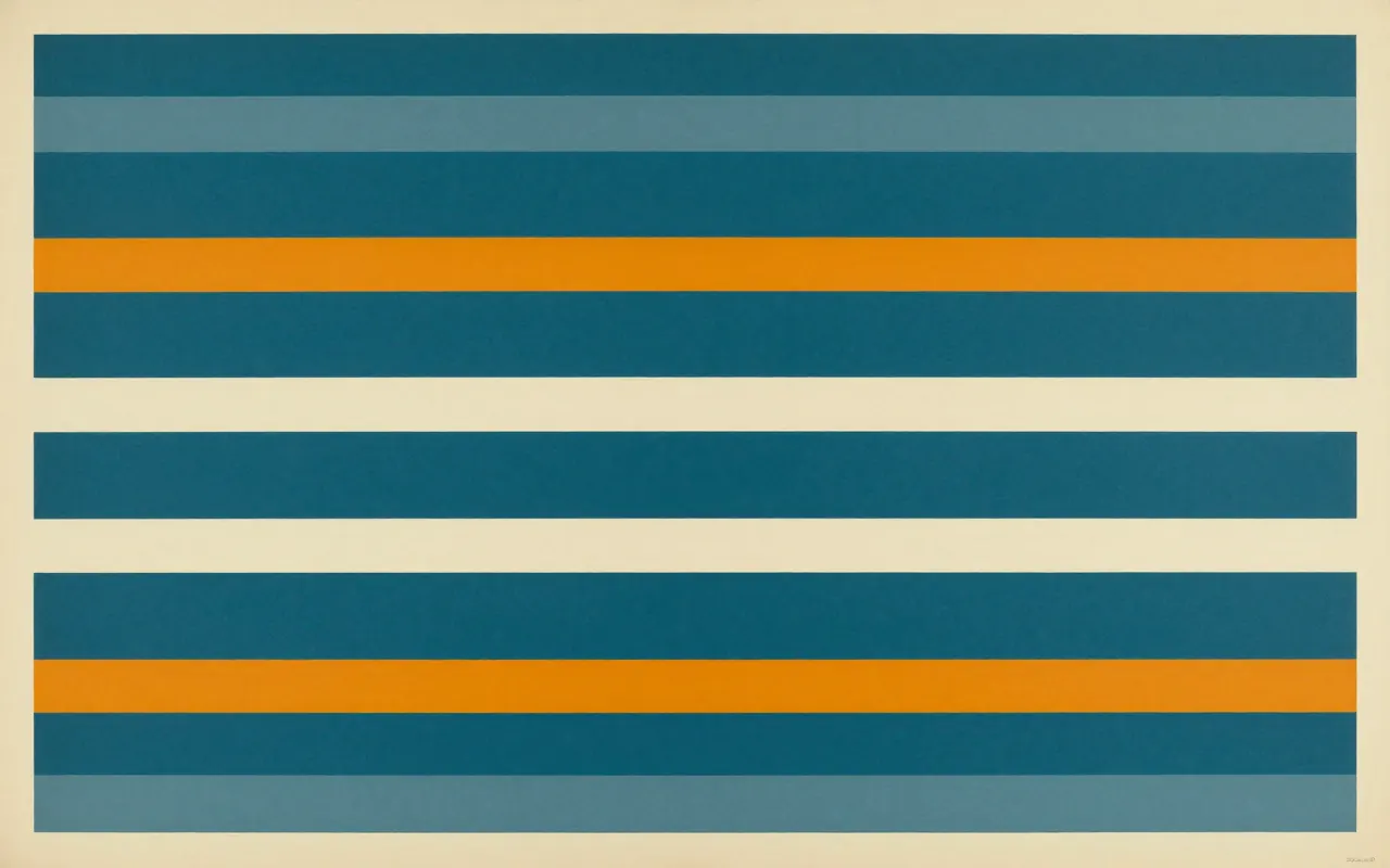 An abstract composition printed flat in deep teal, pale sand, muted slate blue and bright marigold orange: six horizontal bands of differing thickness stacked from the bottom edge upward, thickest at the bottom, with a wide empty field above them.