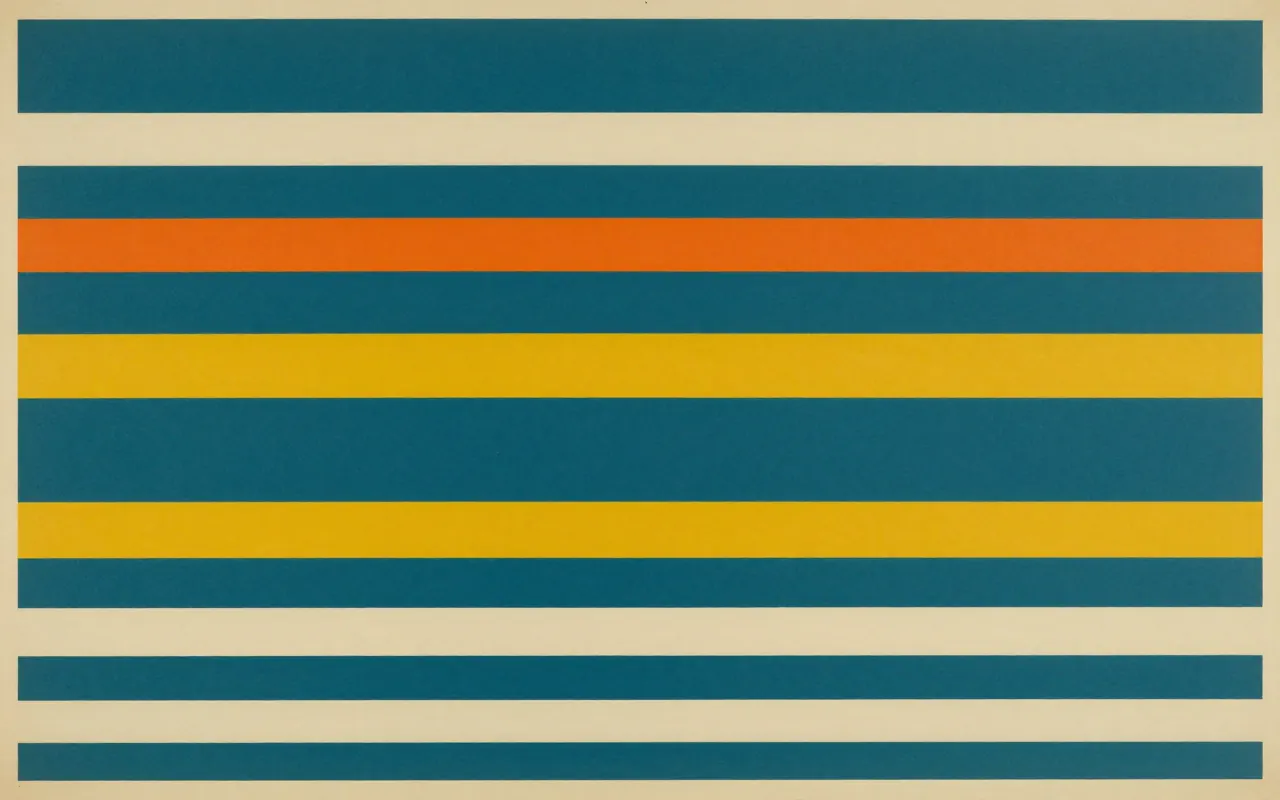 An abstract composition printed flat in deep teal, pale sand, muted slate blue and bright marigold orange: six horizontal bands of differing thickness stacked from the bottom edge upward, thickest at the bottom, with a wide empty field above them.