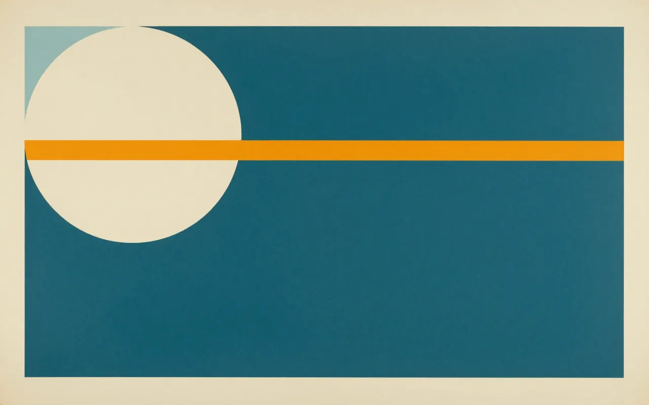 An abstract composition printed flat in deep teal, pale sand, muted slate blue and bright marigold orange: one large quarter circle anchored in the top left corner and a single straight bar running clear across it from the left edge to the right, the rest one flat field.