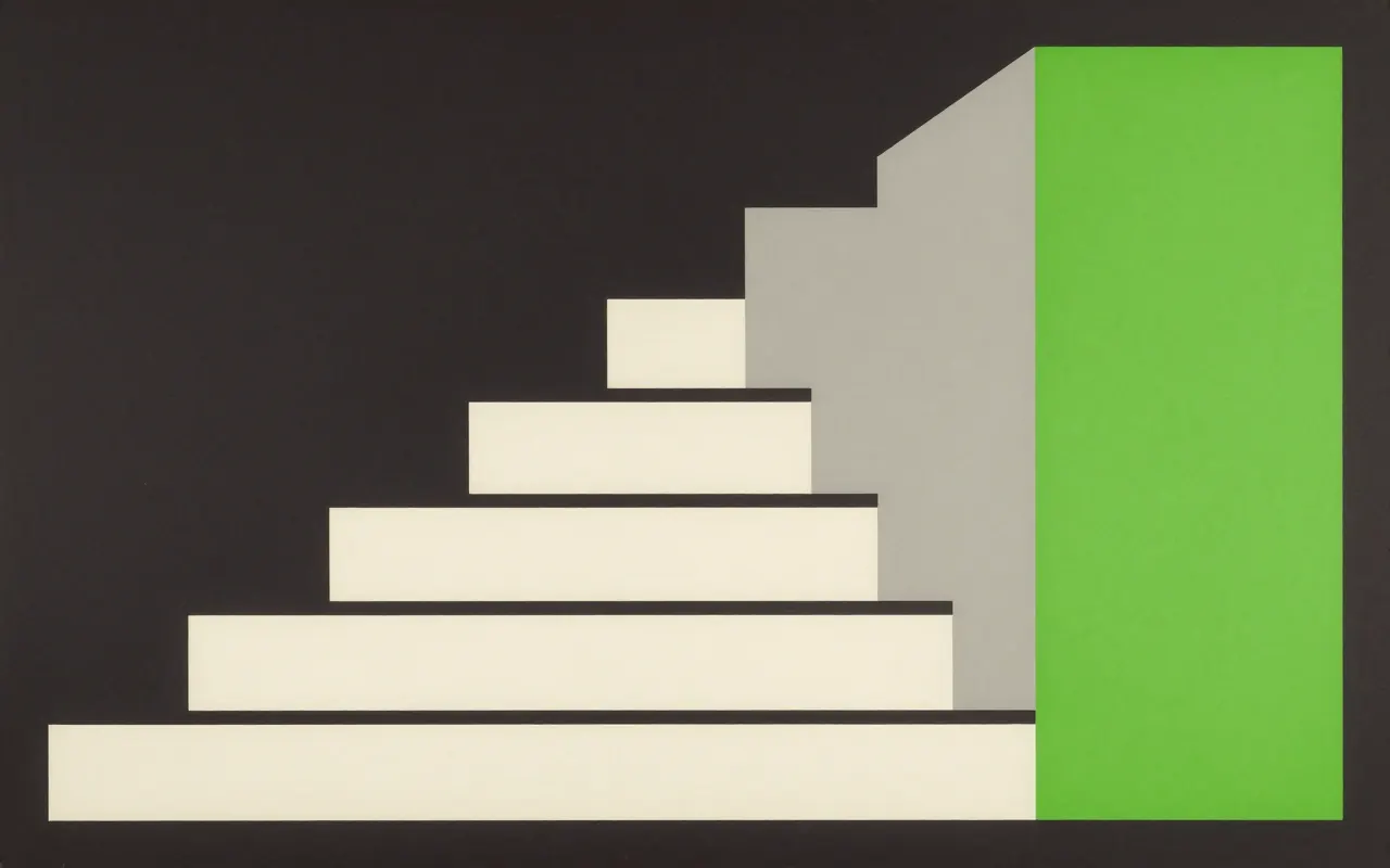 An abstract composition printed flat in deep charcoal, bone white, warm mid grey and bright electric lime green: a staircase of five rectangles of increasing height stepping up from the lower left towards the upper right, each overlapping the next, a wide empty field above them.