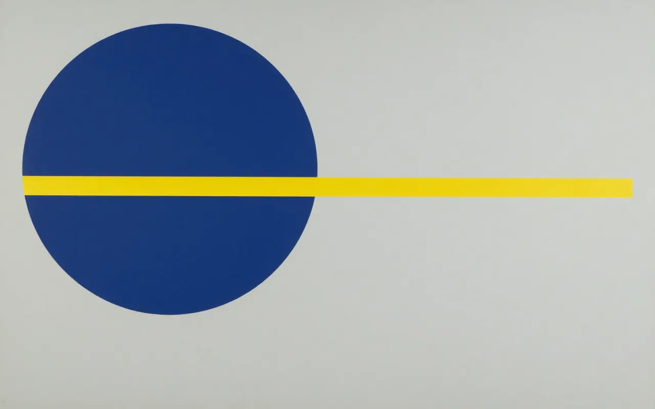 An abstract composition printed flat in pale cool grey, steel blue, deep navy and bright mustard yellow: one large quarter circle anchored in the top left corner and a single straight bar running clear across it from the left edge to the right, the rest one flat field.