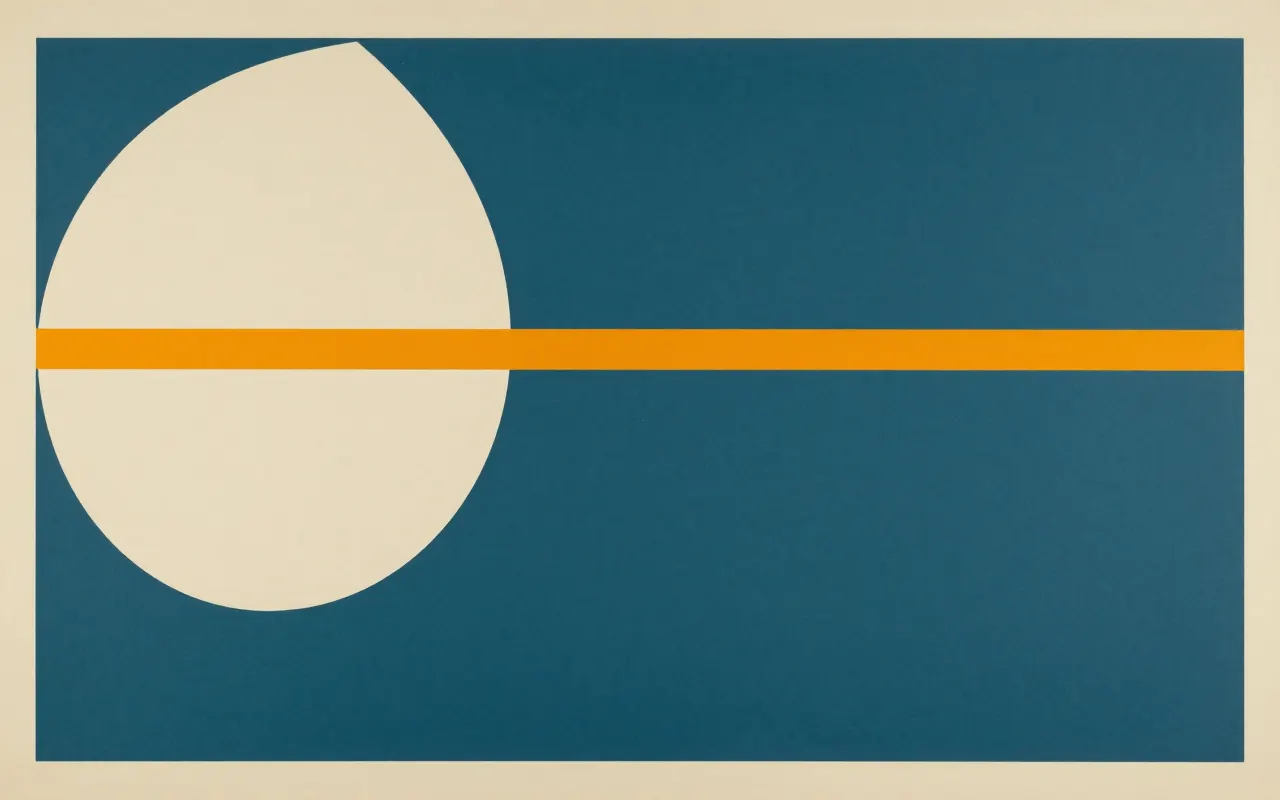 An abstract composition printed flat in deep teal, pale sand, muted slate blue and bright marigold orange: one large quarter circle anchored in the top left corner and a single straight bar running clear across it from the left edge to the right, the rest one flat field.