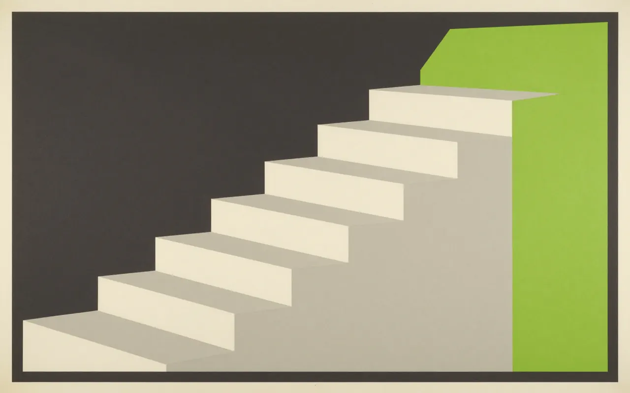 An abstract composition printed flat in deep charcoal, bone white, warm mid grey and bright electric lime green: a staircase of five rectangles of increasing height stepping up from the lower left towards the upper right, each overlapping the next, a wide empty field above them.