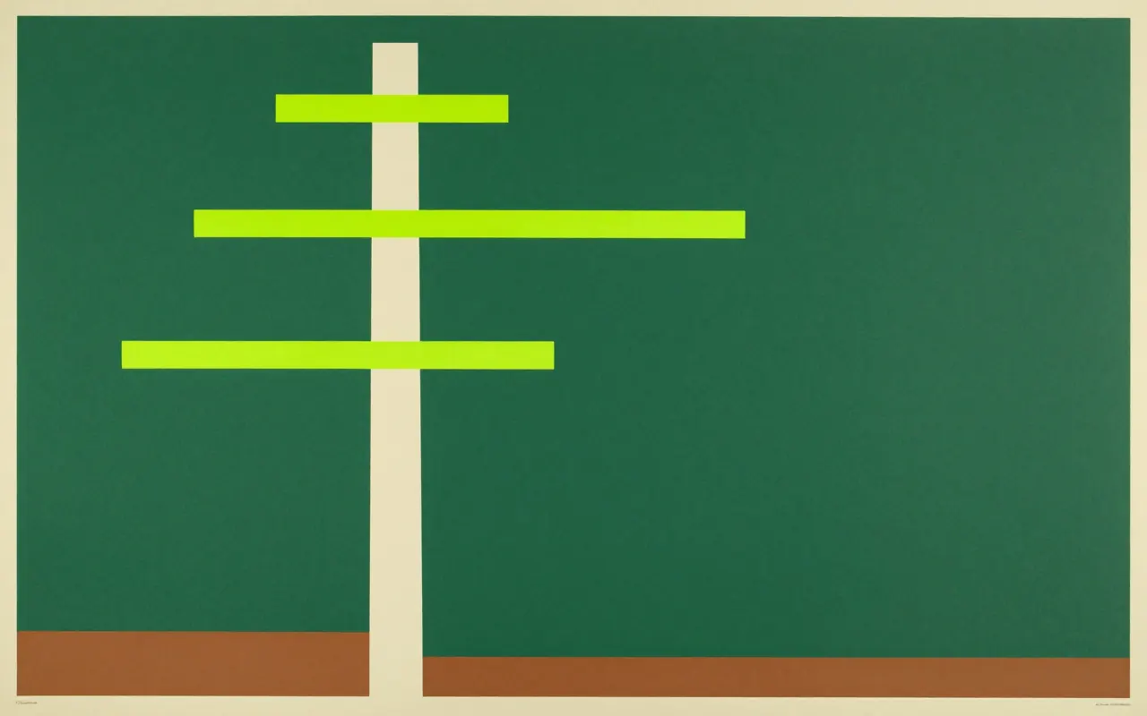 An abstract composition printed flat in deep pine green, cream, warm clay brown and bright electric lime green: one tall narrow column standing on the bottom edge and reaching almost to the top, with three short horizontal bars crossing it at uneven heights, the rest of the frame one flat empty field.