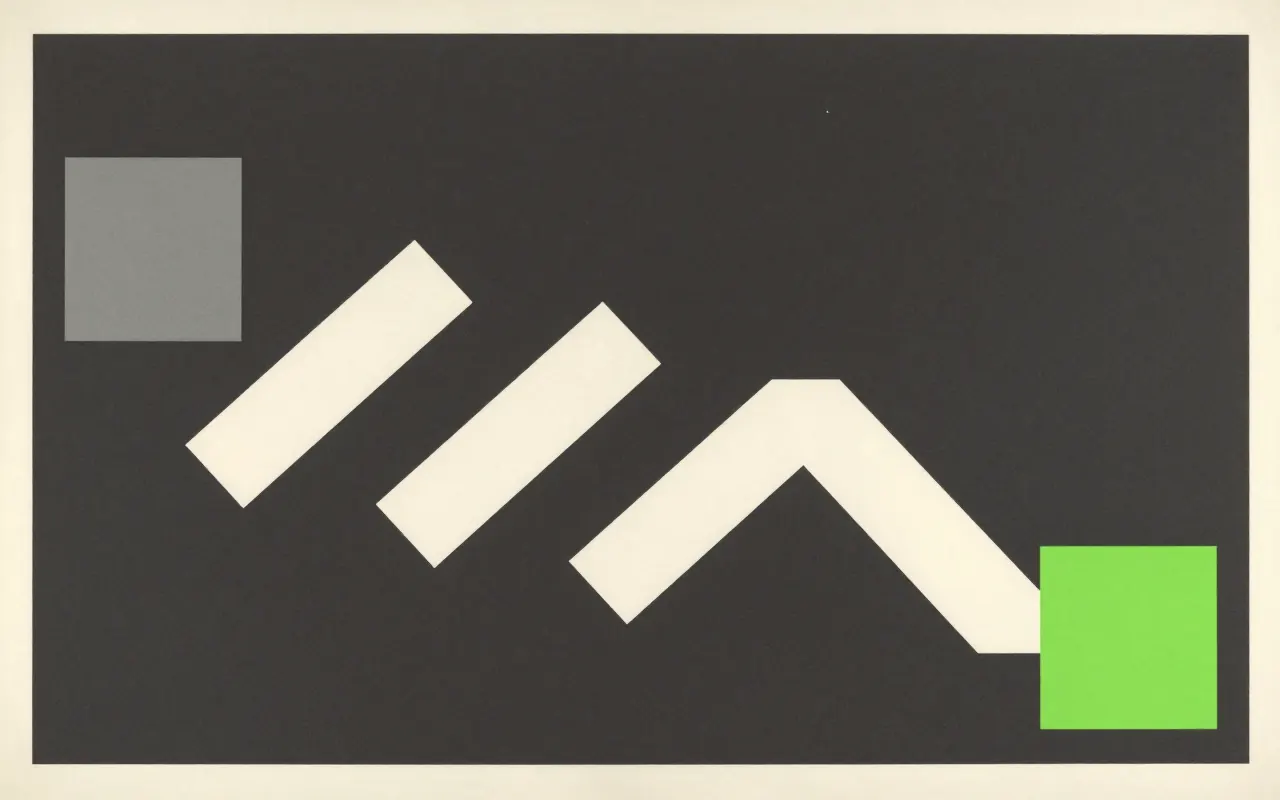 An abstract composition printed flat in deep charcoal, bone white, warm mid grey and bright electric lime green: one thick line made of four straight segments turning at right angles as it crosses from the left edge down to the lower right, with a small square at each turn.