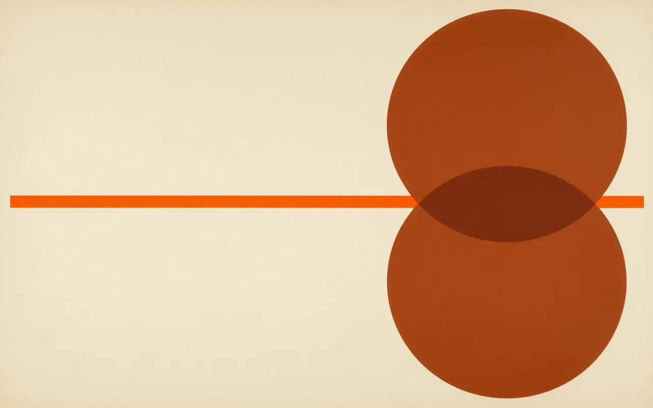 An abstract composition printed flat in warm cream, burnt terracotta, deep charcoal and bright tangerine orange: two large circles overlapping near the right edge, one of them cropped by the frame, a thin bar passing behind both of them, the left two thirds an empty flat field.