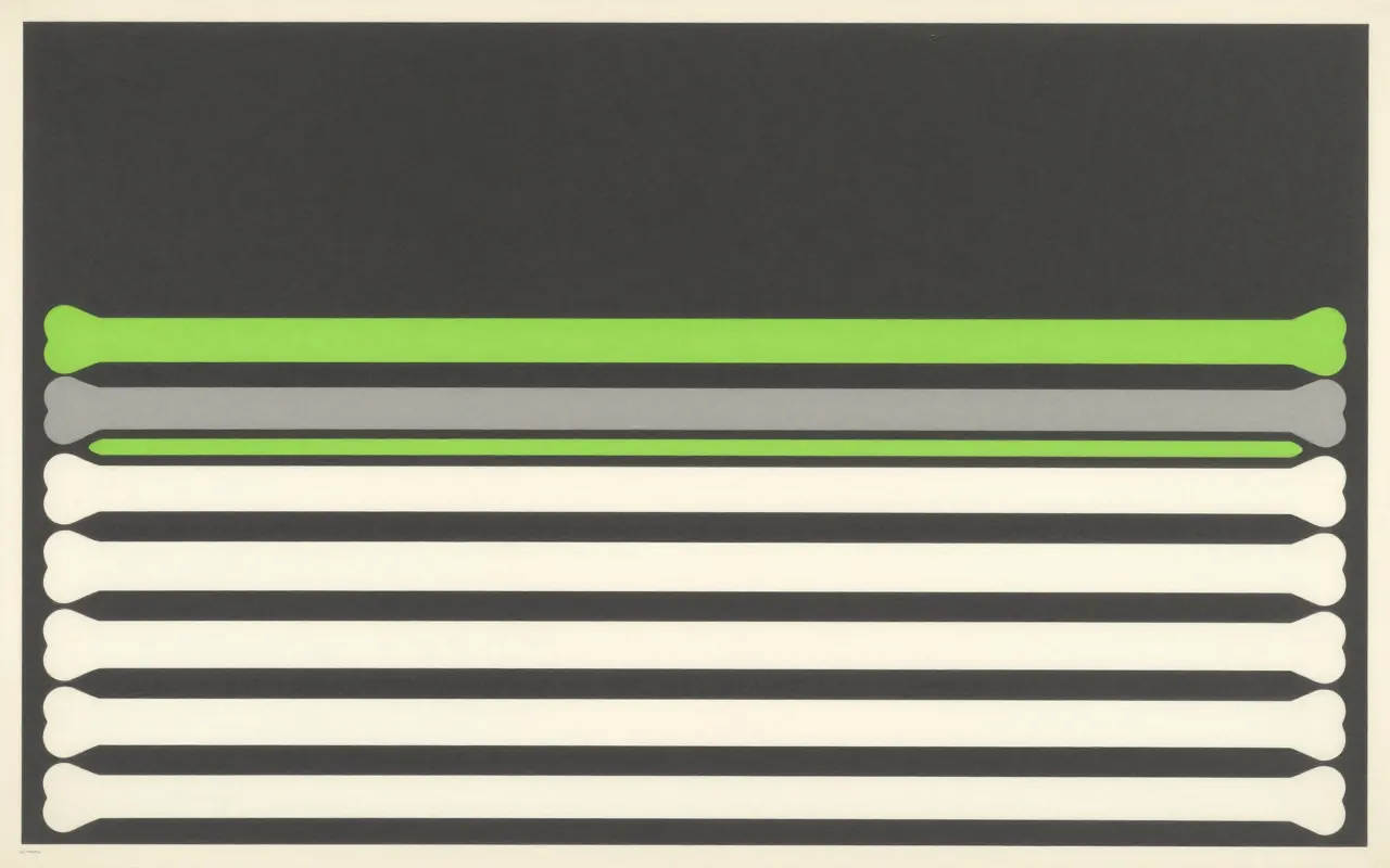 An abstract composition printed flat in deep charcoal, bone white, warm mid grey and bright electric lime green: six horizontal bands of differing thickness stacked from the bottom edge upward, thickest at the bottom, with a wide empty field above them.