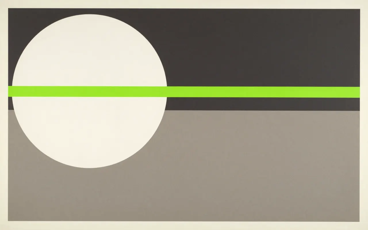 An abstract composition printed flat in deep charcoal, bone white, warm mid grey and bright electric lime green: one large quarter circle anchored in the top left corner and a single straight bar running clear across it from the left edge to the right, the rest one flat field.