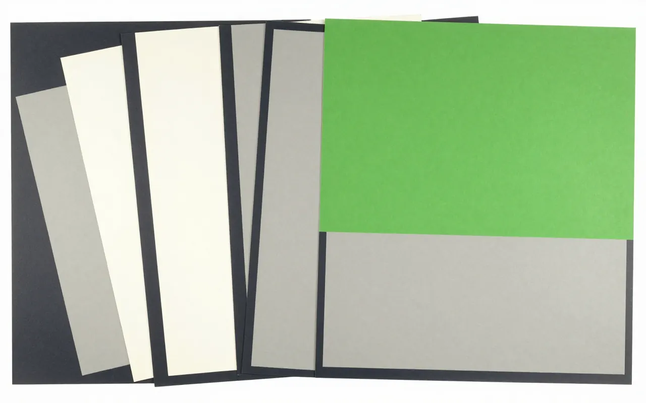 An abstract composition printed flat in deep charcoal, bone white, warm mid grey and bright electric lime green: four large rectangles lying flat and overlapping like sheets of paper on a table, each offset slightly to the right of the one beneath it.