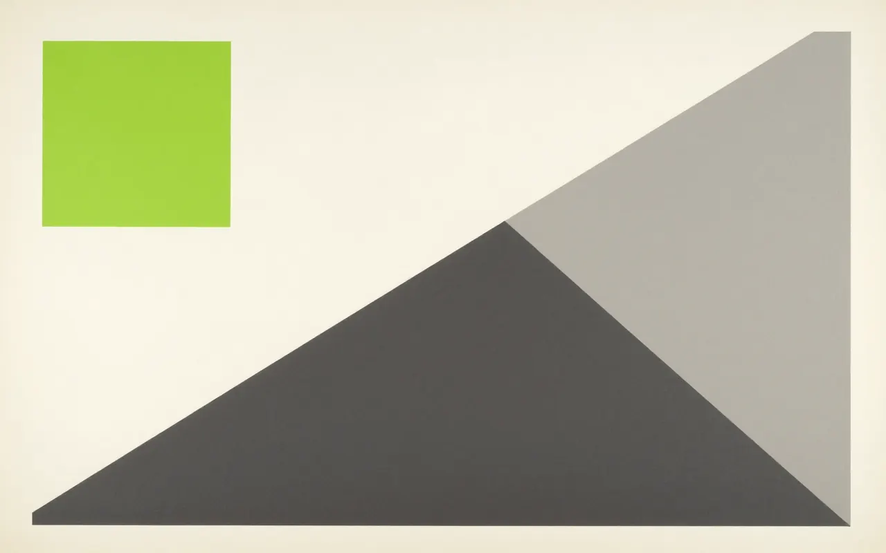 An abstract composition printed flat in deep charcoal, bone white, warm mid grey and bright electric lime green: one enormous triangle filling the lower right and cropped by two edges, and a single small square stranded alone in the empty upper left.