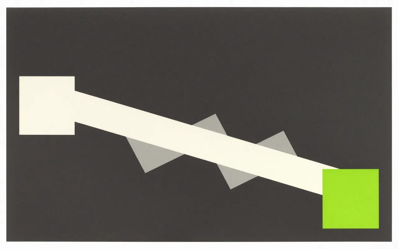 An abstract composition printed flat in deep charcoal, bone white, warm mid grey and bright electric lime green: one thick line made of four straight segments turning at right angles as it crosses from the left edge down to the lower right, with a small square at each turn.
