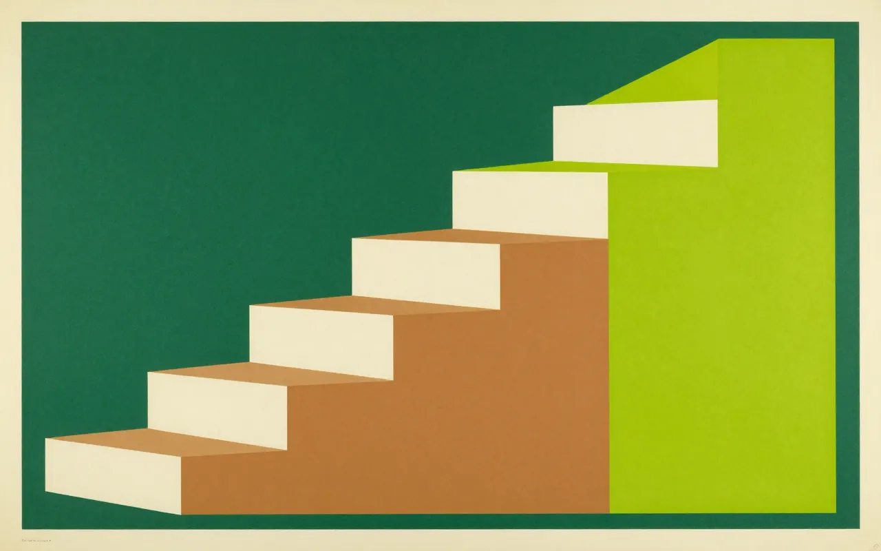 An abstract composition printed flat in deep pine green, cream, warm clay brown and bright electric lime green: a staircase of five rectangles of increasing height stepping up from the lower left towards the upper right, each overlapping the next, a wide empty field above them.