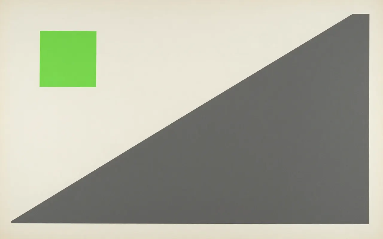 An abstract composition printed flat in deep charcoal, bone white, warm mid grey and bright electric lime green: one enormous triangle filling the lower right and cropped by two edges, and a single small square stranded alone in the empty upper left.